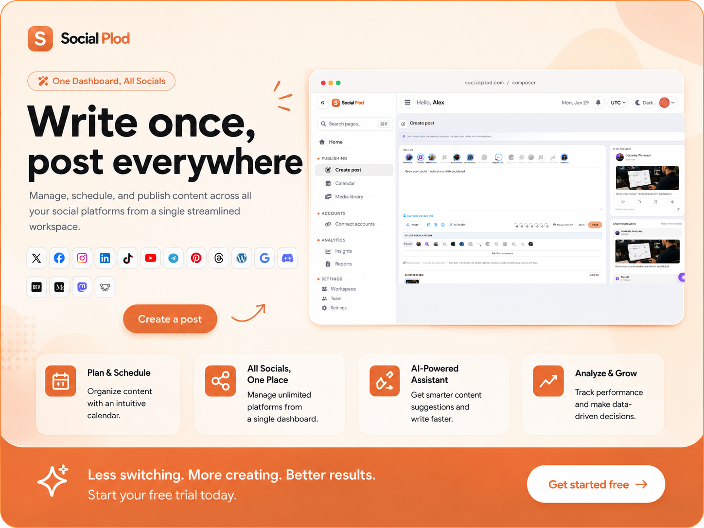 Entrepreneur building a personal brand while growing an online business using analytics, social media scheduling, domains, and digital marketing tools.