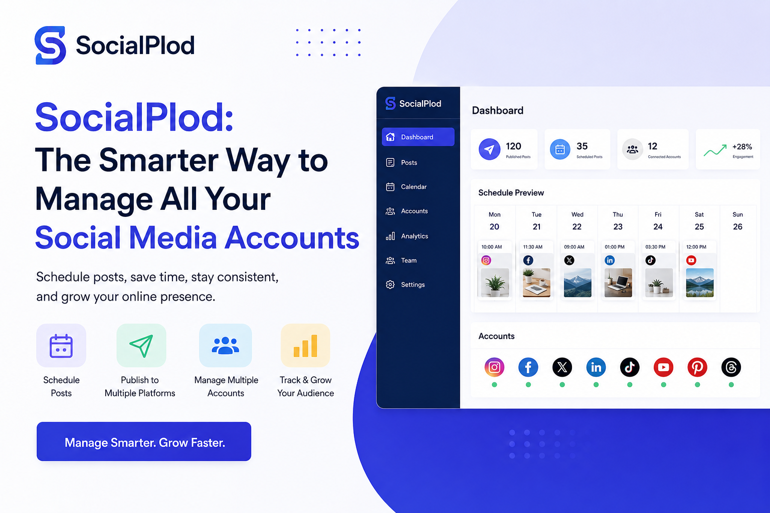 SocialPlod social media management dashboard for scheduling posts across multiple social platforms