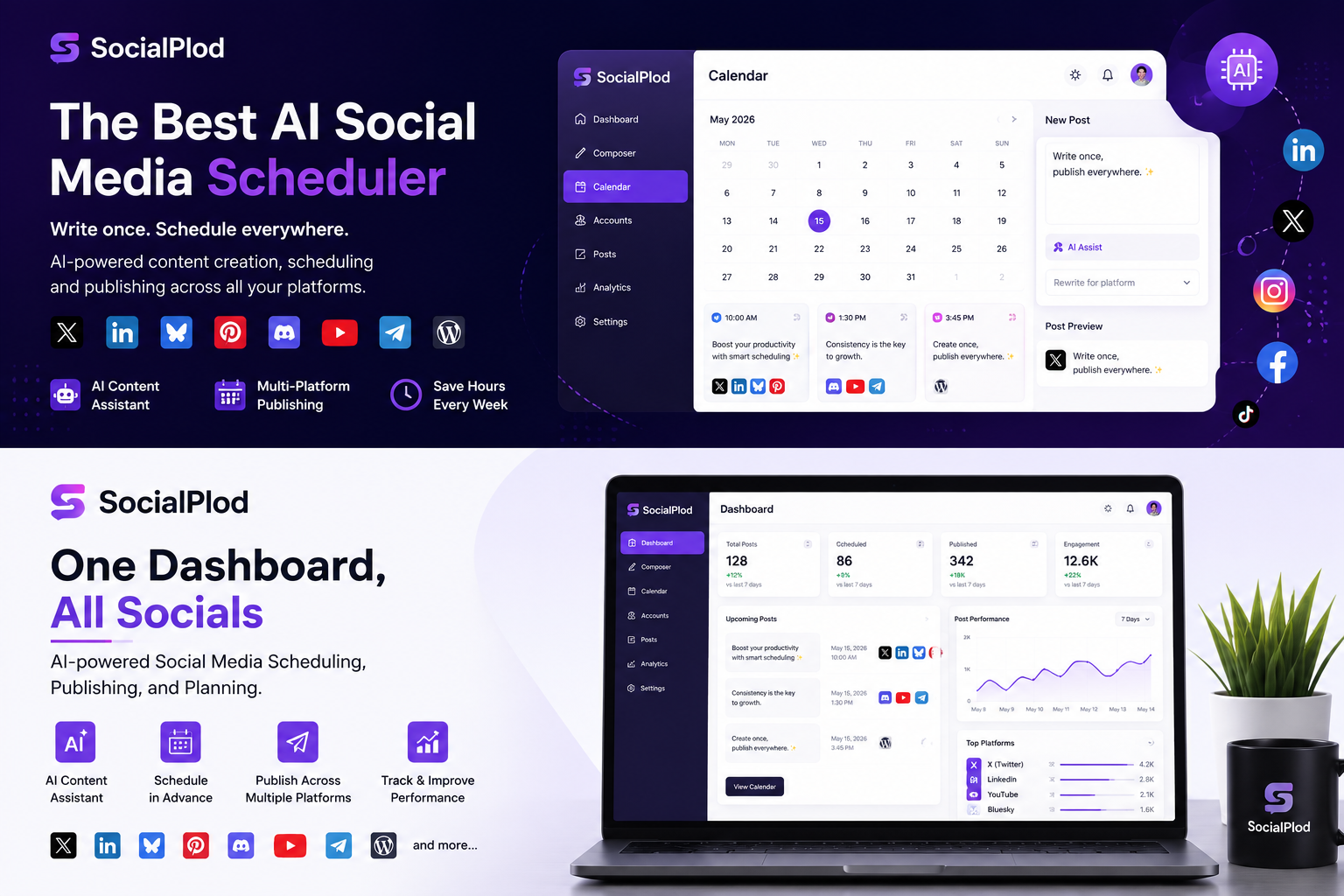 AI social media scheduler dashboard for managing multiple social media platforms with SocialPlod